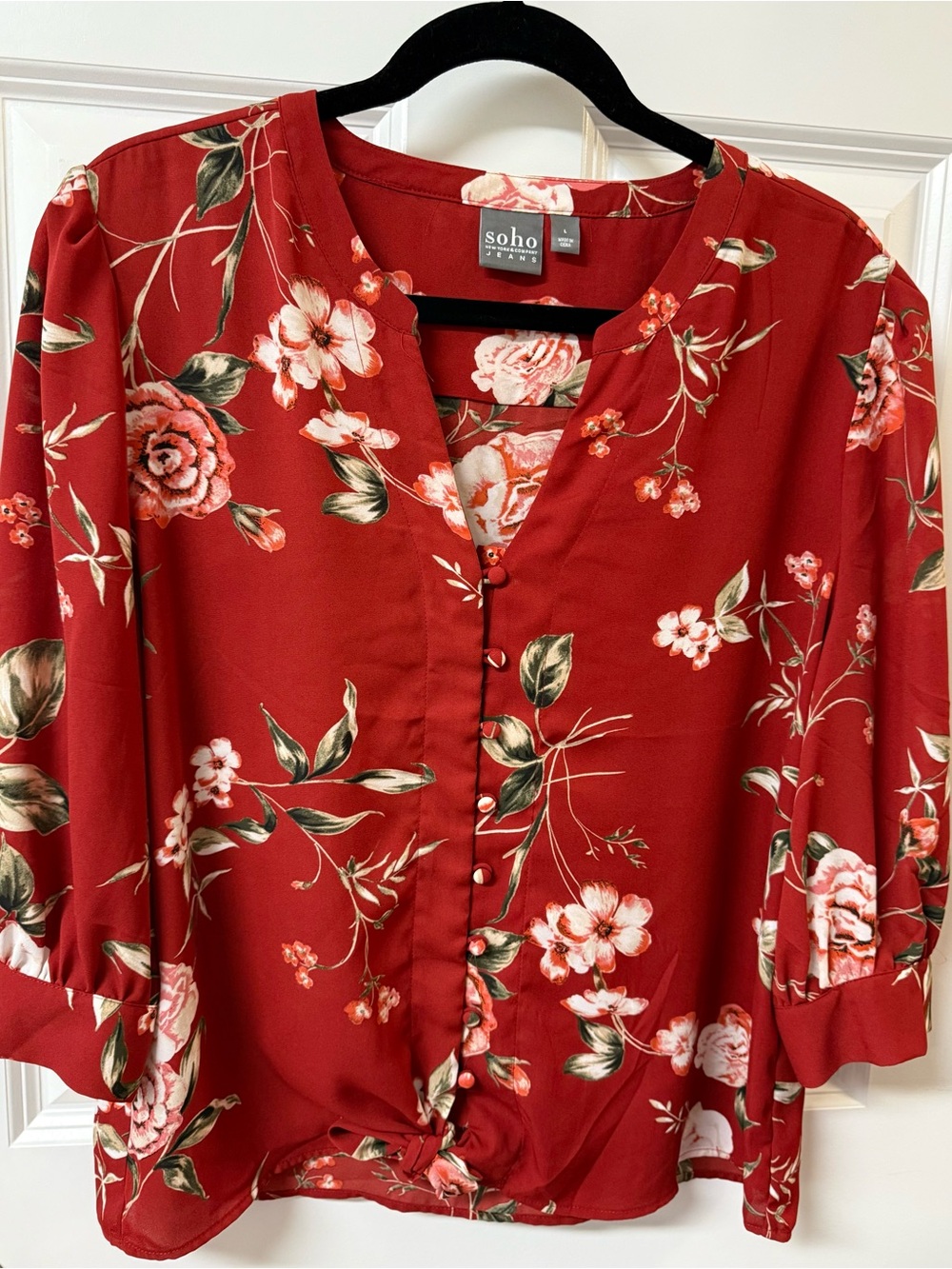 Soho Red Floral Button-Front Blouse with Green Leaf Accents